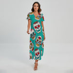 Teal Sugar Skull Pattern Print Short Sleeve Maxi Dress