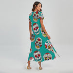 Teal Sugar Skull Pattern Print Short Sleeve Maxi Dress
