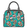 Teal Sugar Skull Pattern Print Shoulder Handbag