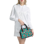 Teal Sugar Skull Pattern Print Shoulder Handbag