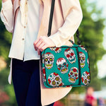 Teal Sugar Skull Pattern Print Shoulder Strap Bible Bag