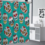 Teal Sugar Skull Pattern Print Shower Curtain