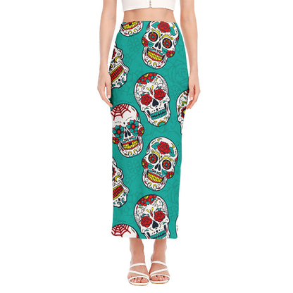 Teal Sugar Skull Pattern Print Side Slit Maxi Skirt