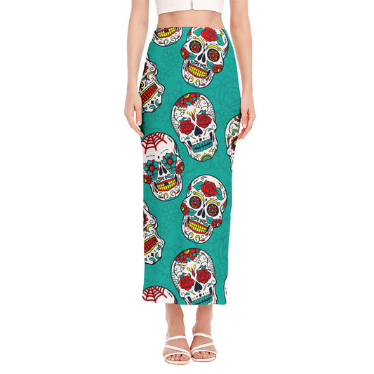 Teal Sugar Skull Pattern Print Side Slit Maxi Skirt
