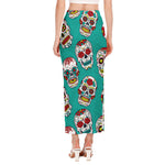 Teal Sugar Skull Pattern Print Side Slit Maxi Skirt