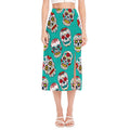 Teal Sugar Skull Pattern Print Side Slit Midi Skirt