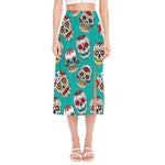 Teal Sugar Skull Pattern Print Side Slit Midi Skirt