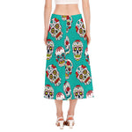 Teal Sugar Skull Pattern Print Side Slit Midi Skirt