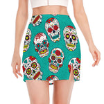 Teal Sugar Skull Pattern Print Side Slit Mini Skirt