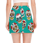 Teal Sugar Skull Pattern Print Side Slit Mini Skirt