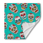 Teal Sugar Skull Pattern Print Silk Bandana