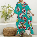 Teal Sugar Skull Pattern Print Silk V-Neck Kaftan Dress