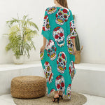 Teal Sugar Skull Pattern Print Silk V-Neck Kaftan Dress