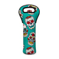 Teal Sugar Skull Pattern Print Single Neoprene Wine Tote