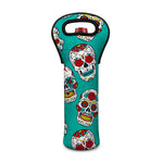 Teal Sugar Skull Pattern Print Single Neoprene Wine Tote
