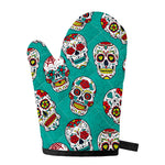 Teal Sugar Skull Pattern Print Single Oven Mitt