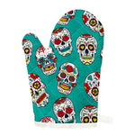 Teal Sugar Skull Pattern Print Single Oven Mitt