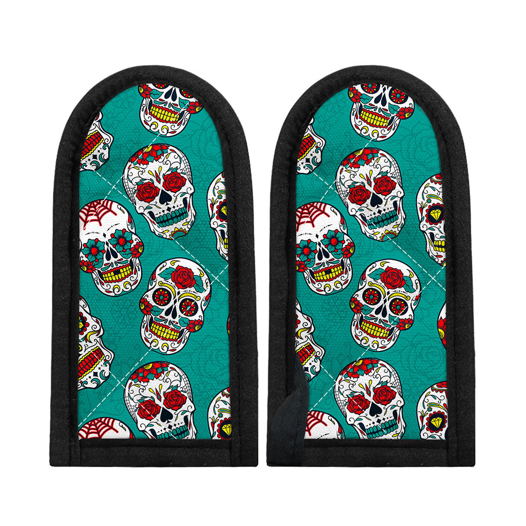 Teal Sugar Skull Pattern Print Skillet Handle Cover