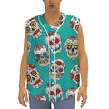 Teal Sugar Skull Pattern Print Sleeveless Baseball Jersey