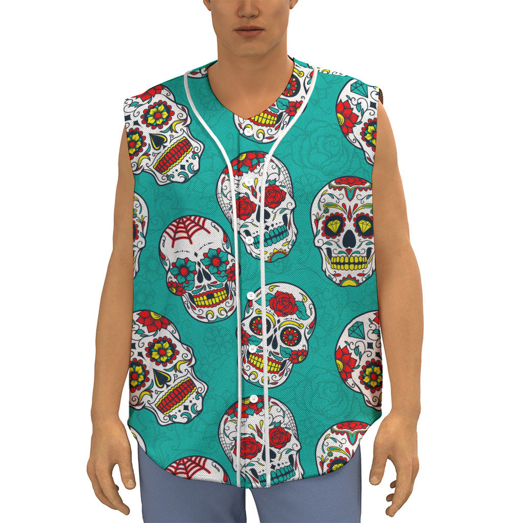 Teal Sugar Skull Pattern Print Sleeveless Baseball Jersey
