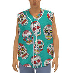 Teal Sugar Skull Pattern Print Sleeveless Baseball Jersey