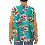 Teal Sugar Skull Pattern Print Sleeveless Baseball Jersey