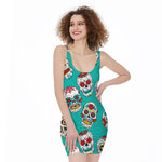 Teal Sugar Skull Pattern Print Sleeveless Bodycon Dress
