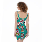 Teal Sugar Skull Pattern Print Sleeveless Bodycon Dress