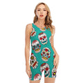 Teal Sugar Skull Pattern Print Sleeveless One Piece Swimsuit