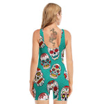 Teal Sugar Skull Pattern Print Sleeveless One Piece Swimsuit