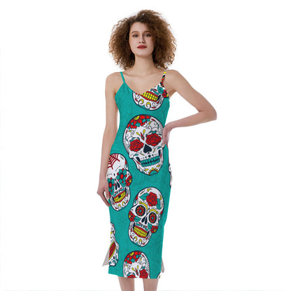 Teal Sugar Skull Pattern Print Slim Fit Midi Cami Dress