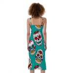 Teal Sugar Skull Pattern Print Slim Fit Midi Cami Dress