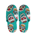 Teal Sugar Skull Pattern Print Slippers