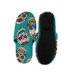 Teal Sugar Skull Pattern Print Slippers