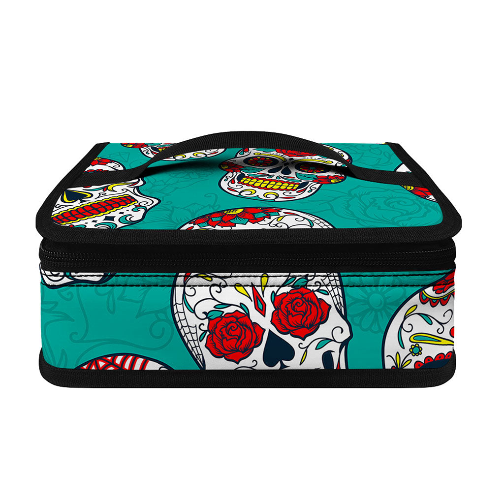 Teal Sugar Skull Pattern Print Small Lunch Bag