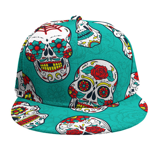 Teal Sugar Skull Pattern Print Snapback Cap