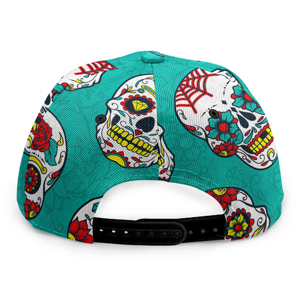 Teal Sugar Skull Pattern Print Snapback Cap