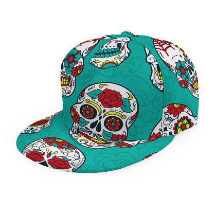 Teal Sugar Skull Pattern Print Snapback Cap