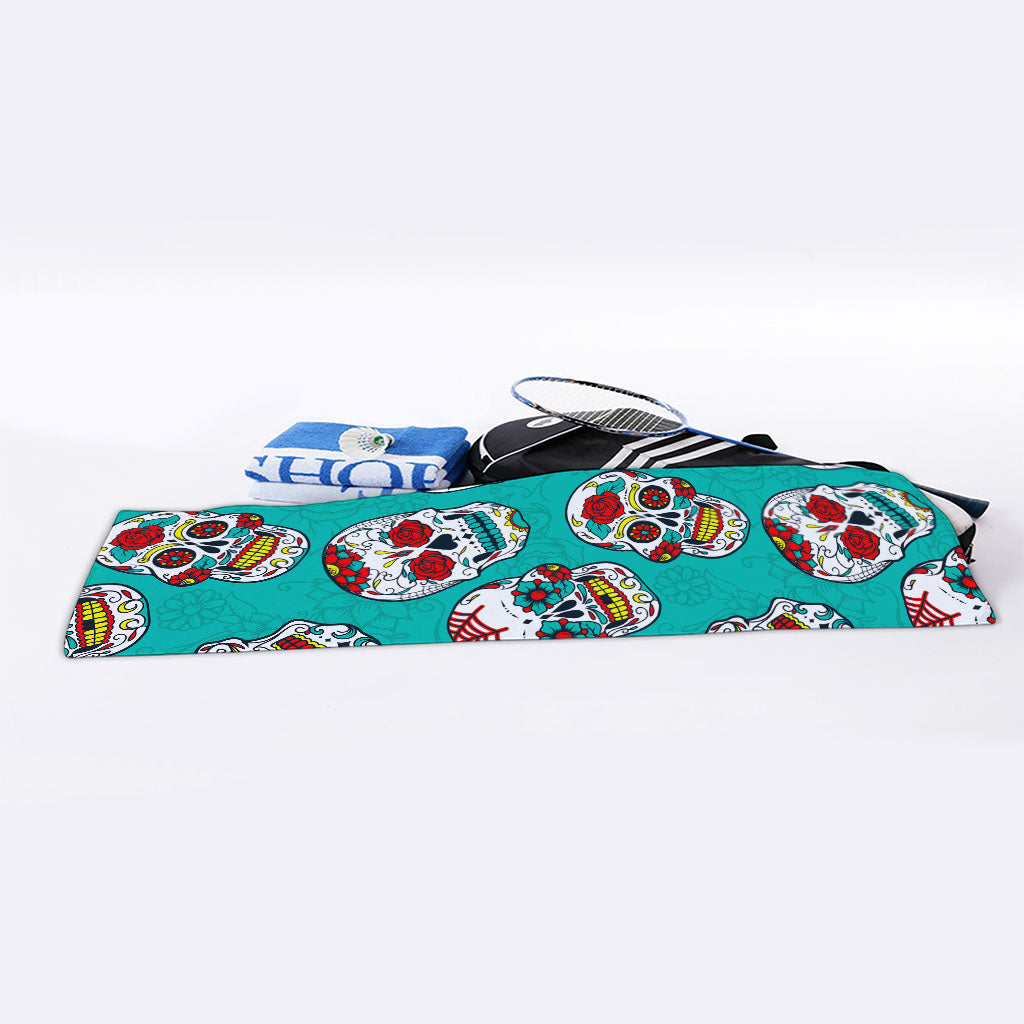 Teal Sugar Skull Pattern Print Sports Towel