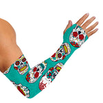 Teal Sugar Skull Pattern Print Sun Protection Arm Sleeves
