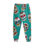 Teal Sugar Skull Pattern Print Sweatpants