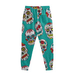 Teal Sugar Skull Pattern Print Sweatpants