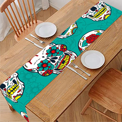 Teal Sugar Skull Pattern Print Table Runner