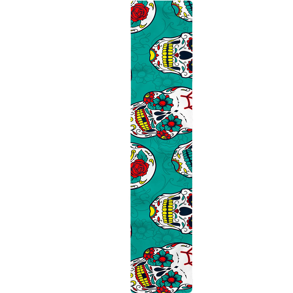 Teal Sugar Skull Pattern Print Table Runner