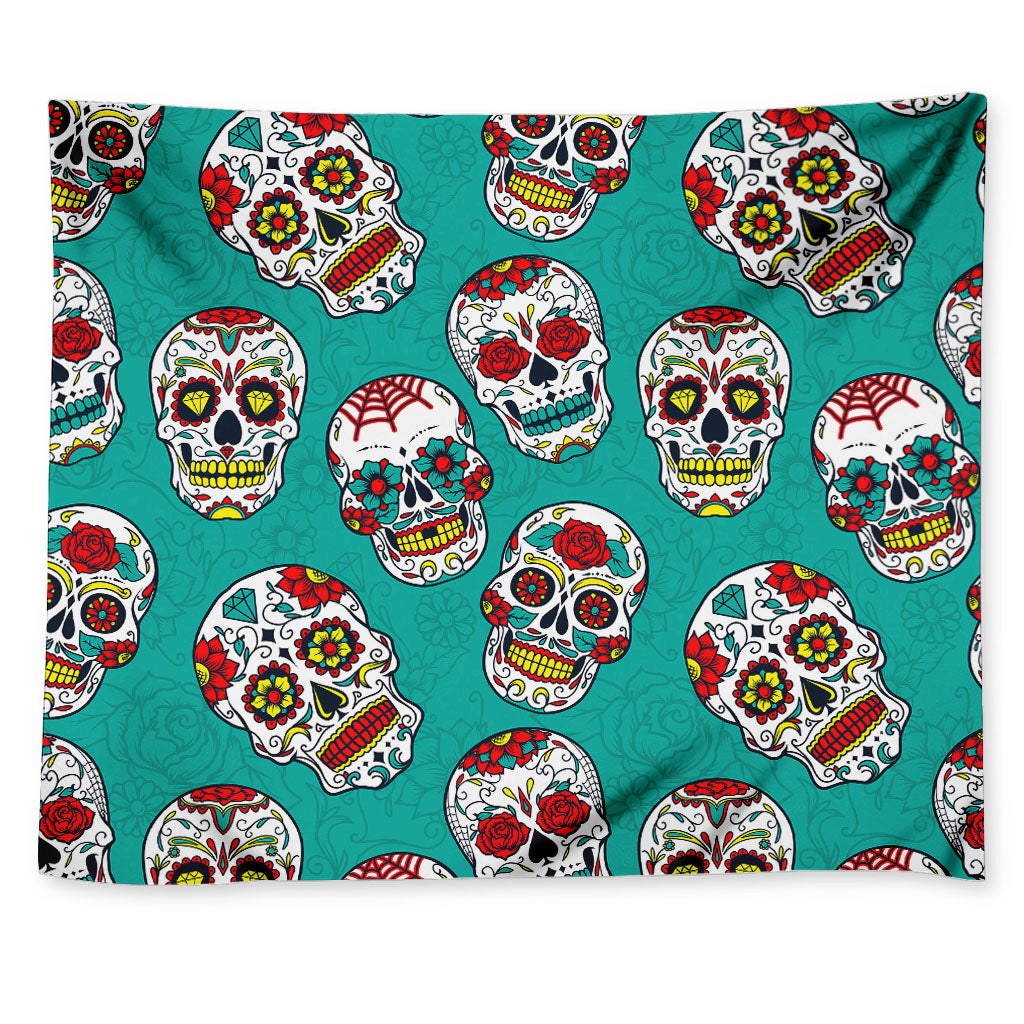 Teal Sugar Skull Pattern Print Tapestry