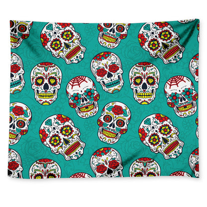 Teal Sugar Skull Pattern Print Tapestry