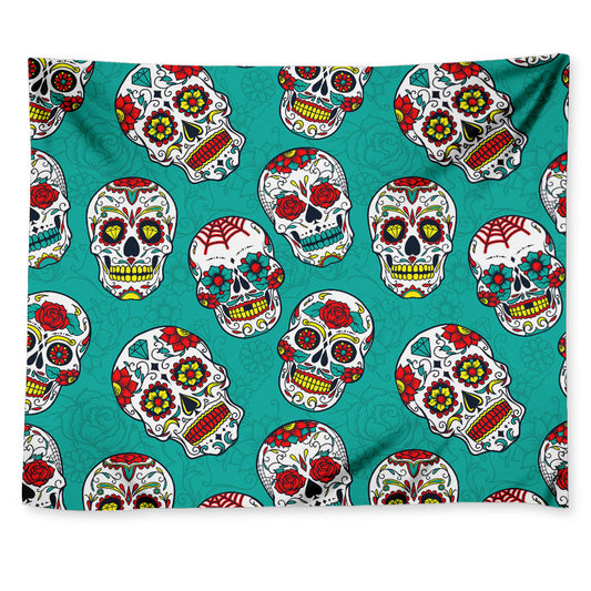 Teal Sugar Skull Pattern Print Tapestry