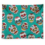 Teal Sugar Skull Pattern Print Tapestry
