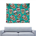 Teal Sugar Skull Pattern Print Tapestry