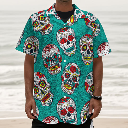 Teal Sugar Skull Pattern Print Textured Short Sleeve Shirt
